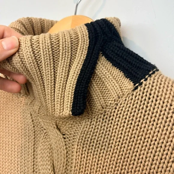 Cleo Cable Knit Split Turtleneck Sweater Camel Navy Trim Cozy Knit - Picture 6 of 11